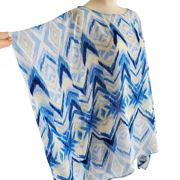 Chico’s Printed Crepe Poncho Top Abstract Tribal Blue Yellow Size Medium - Picture 4 of 12